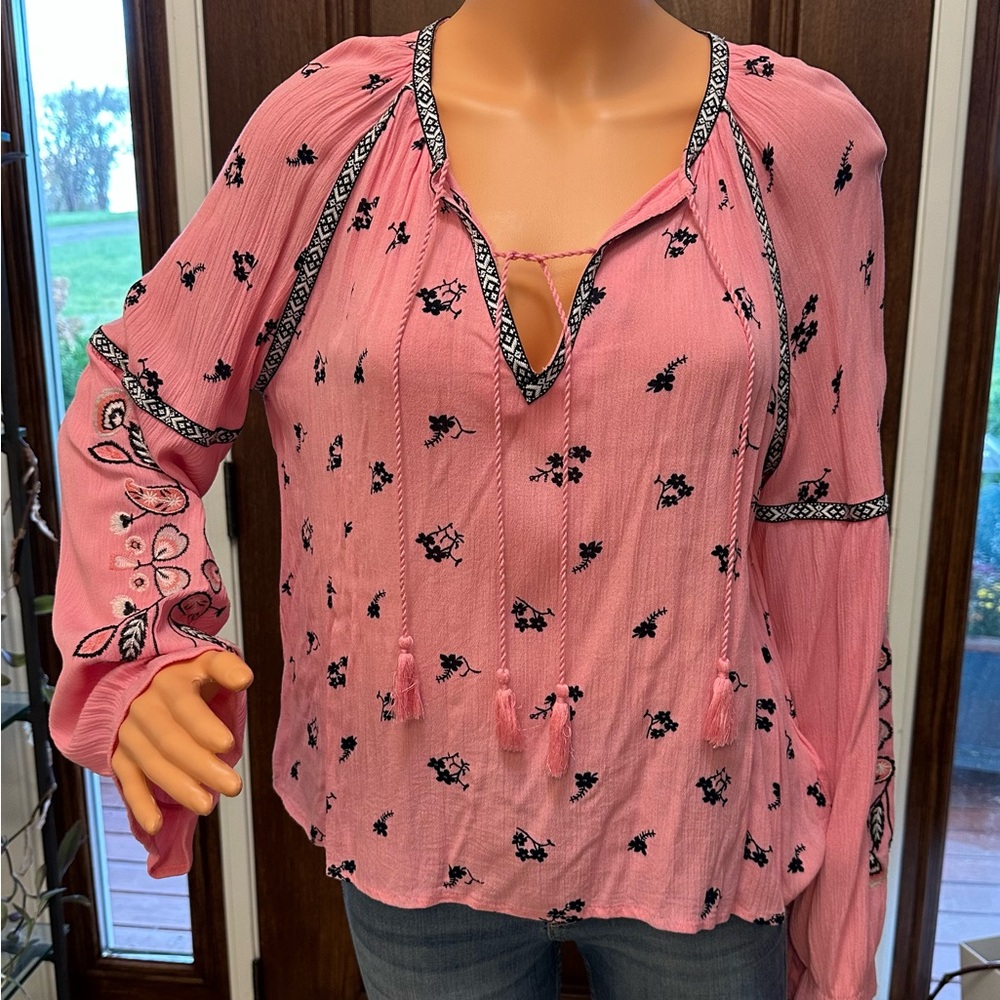 H&M Pink Boho Blouse with  Floral Accents